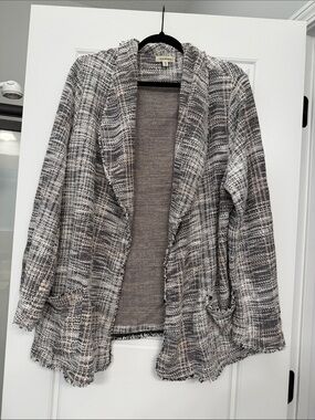 Max Studio Open Front Tweed Cardigan Jacket in Gray and Cream